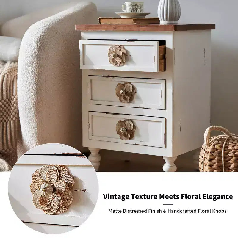 Comodino ModernLuxe con 3 cassetti e pomelli floreali, tavolino laterale da letto o da divano in stile rustico vintage
