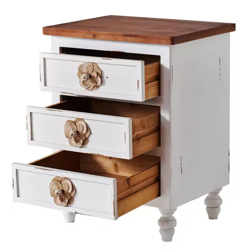 Comodino ModernLuxe con 3 cassetti e pomelli floreali, tavolino laterale da letto o da divano in stile rustico vintage