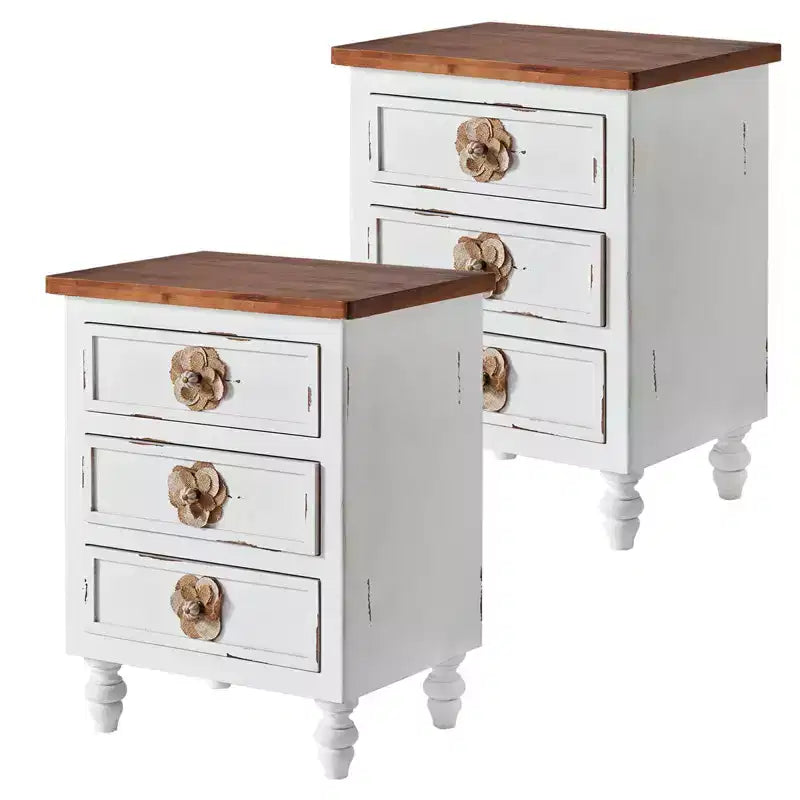 Comodino ModernLuxe con 3 cassetti e pomelli floreali, tavolino laterale da letto o da divano in stile rustico vintage