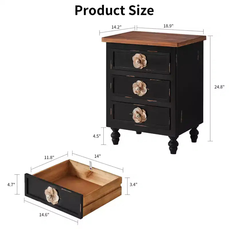 Comodino ModernLuxe con 3 cassetti e pomelli floreali, tavolino laterale da letto o da divano in stile rustico vintage