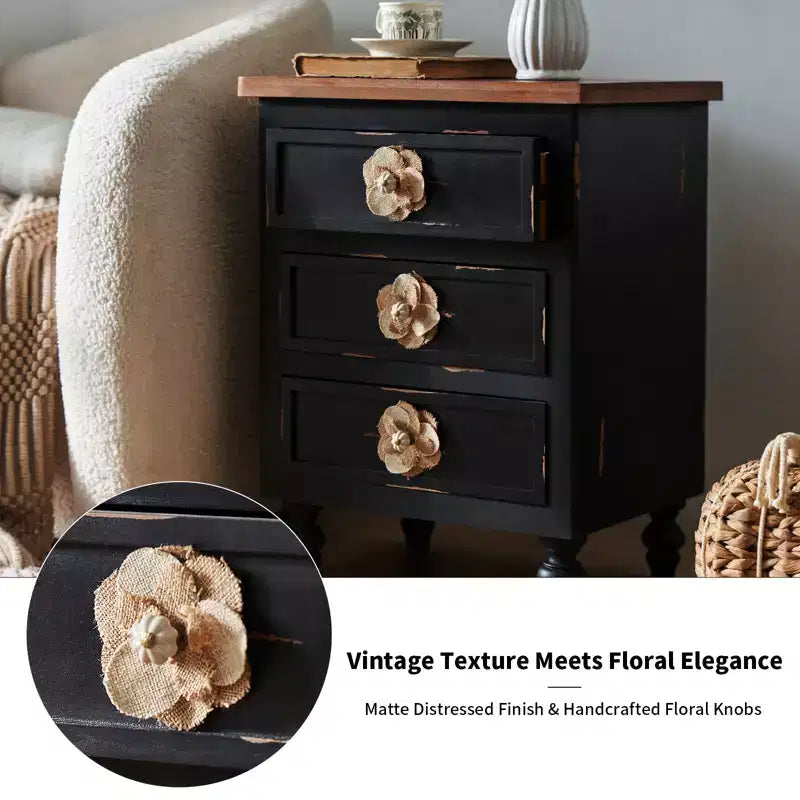 Comodino ModernLuxe con 3 cassetti e pomelli floreali, tavolino laterale da letto o da divano in stile rustico vintage
