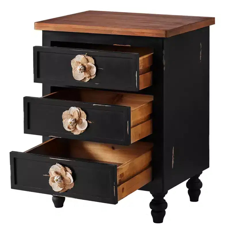 Comodino ModernLuxe con 3 cassetti e pomelli floreali, tavolino laterale da letto o da divano in stile rustico vintage