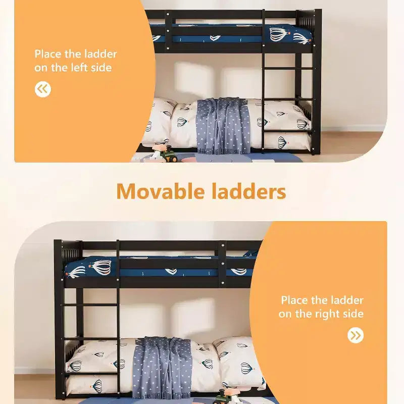 JOYMOR Letto a castello basso in legno massello per bambini/ragazzi, struttura letto a castello con spondine e scaletta per bambini e bambine, nessuna molla necessaria (nero)