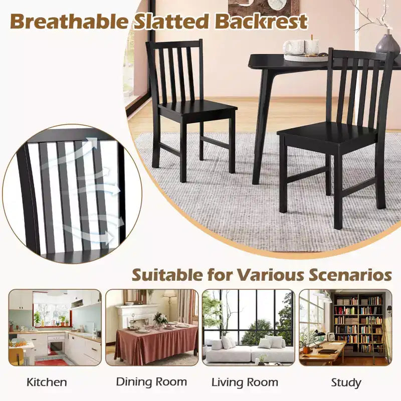 Costway Sedie da Pranzo Rustiche Set da 4 con Schienale Inclinato a Doghe, Seduta Larga, Gambe in Legno di Caucciù Nero/Bianco