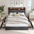 Zevemomo Queen Bed Frame with 4 Storage Drawers, Queen Size Upholstered Bed Frame with Headboard, LED,Sturdy Metal Slat Support, Noiseless, Gray