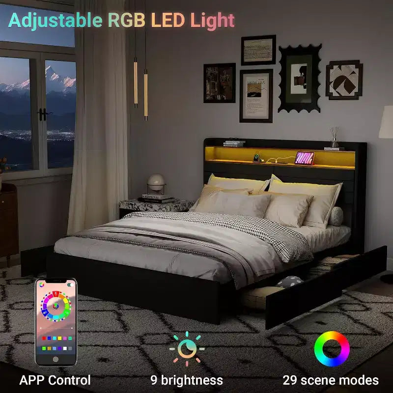 Struttura letto matrimoniale Zevemomo con 4 cassetti contenitore, letto imbottito con testiera, LED, robusto supporto a doghe in metallo, silenzioso, grigio