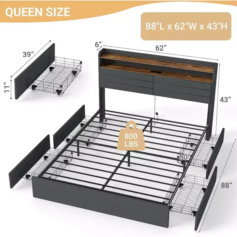 Struttura letto matrimoniale Zevemomo con 4 cassetti contenitore, letto imbottito con testiera, LED, robusto supporto a doghe in metallo, silenzioso, grigio