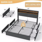 Struttura letto matrimoniale Zevemomo con 4 cassetti contenitore, letto imbottito con testiera, LED, robusto supporto a doghe in metallo, silenzioso, grigio