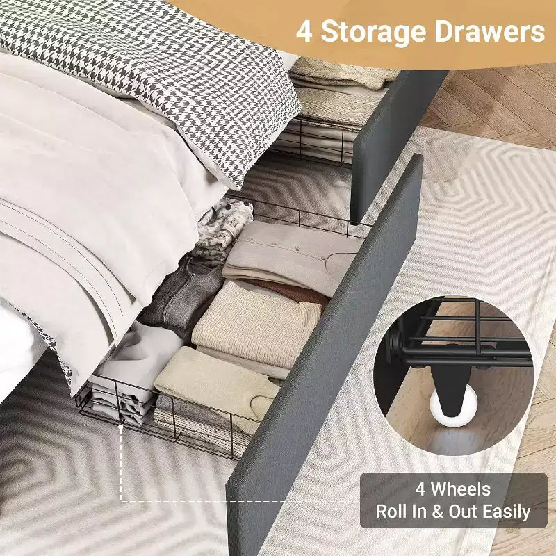 Struttura letto matrimoniale Zevemomo con 4 cassetti contenitore, letto imbottito con testiera, LED, robusto supporto a doghe in metallo, silenzioso, grigio