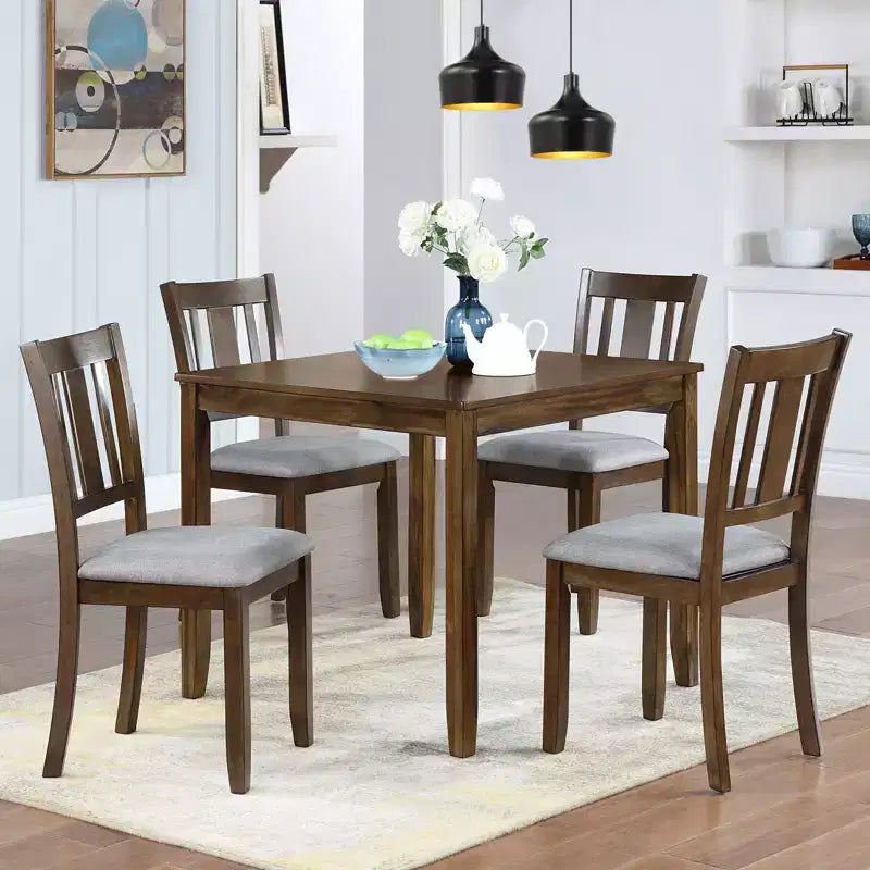 GDFStudio Kimura Rustic 5 Piece Acacia Wood Upholstered Dining Chairs with Square Dining Table