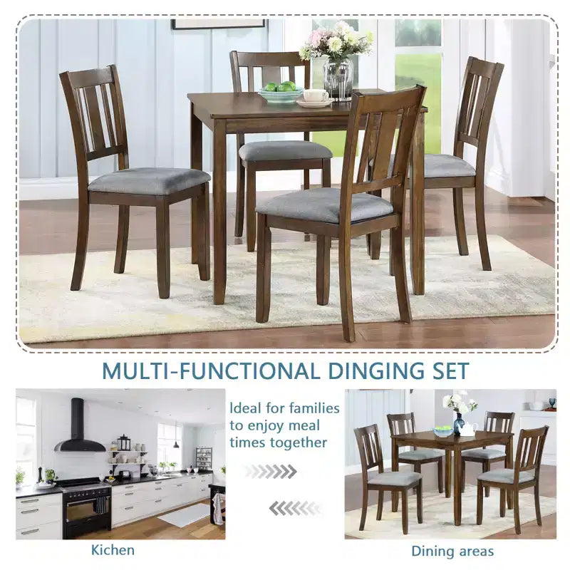 GDFStudio Kimura Rustico 5 Pezzi Sedie da Pranzo Imbottite in Legno di Acacia con Tavolo da Pranzo Quadrato
