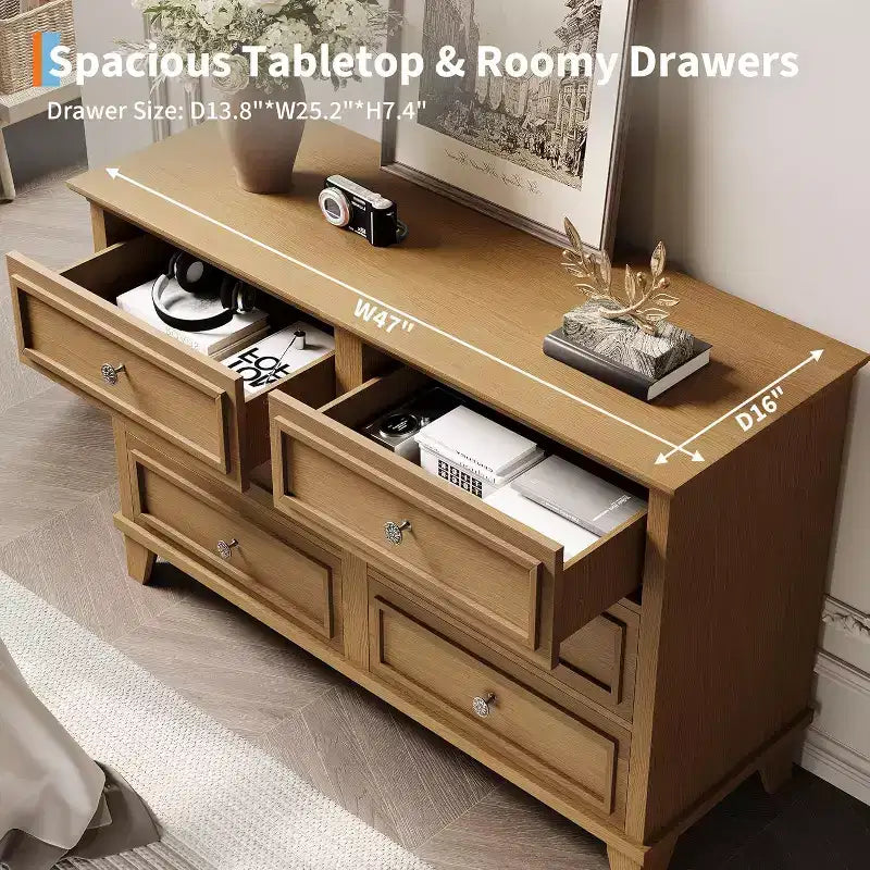 Mobile contenitore bianco stile rustico con 6 cassetti, cassettiera porta TV con maniglie vintage, in legno massello per camera da letto, soggiorno, corridoio
