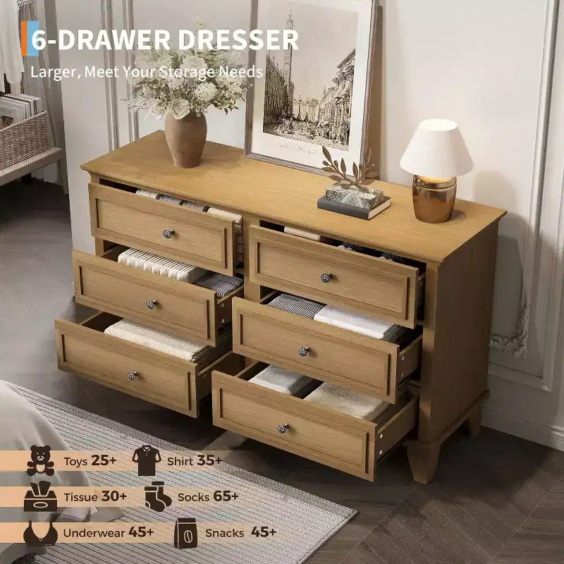 Mobile contenitore bianco stile rustico con 6 cassetti, cassettiera porta TV con maniglie vintage, in legno massello per camera da letto, soggiorno, corridoio