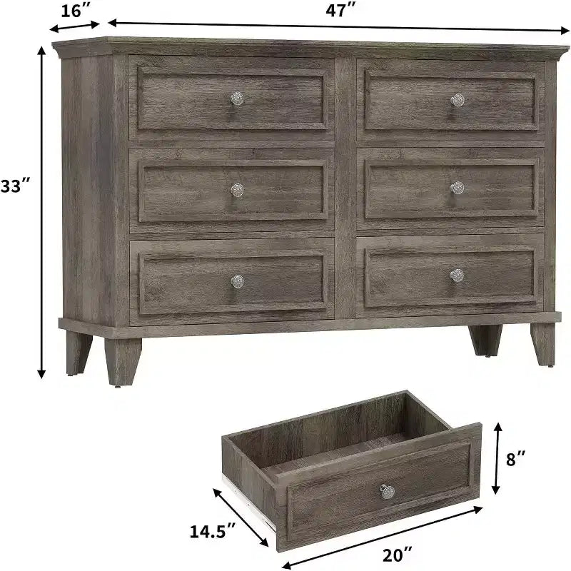 Mobile contenitore bianco stile rustico con 6 cassetti, cassettiera porta TV con maniglie vintage, in legno massello per camera da letto, soggiorno, corridoio
