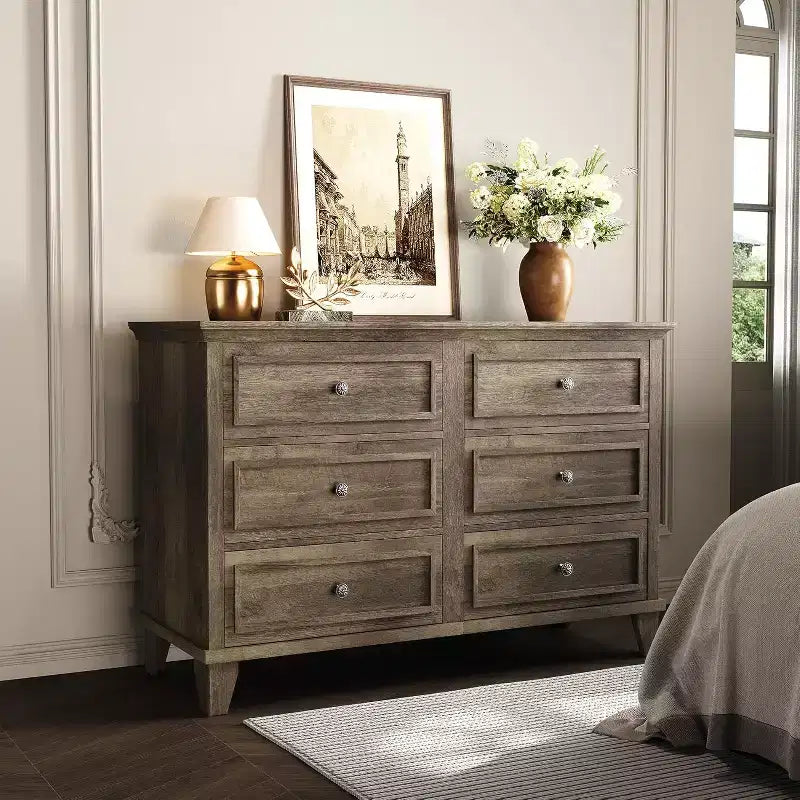 Mobile contenitore bianco stile rustico con 6 cassetti, cassettiera porta TV con maniglie vintage, in legno massello per camera da letto, soggiorno, corridoio