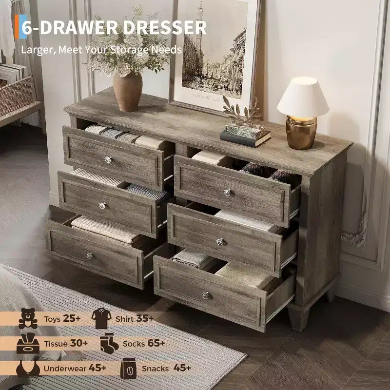 Mobile contenitore bianco stile rustico con 6 cassetti, cassettiera porta TV con maniglie vintage, in legno massello per camera da letto, soggiorno, corridoio