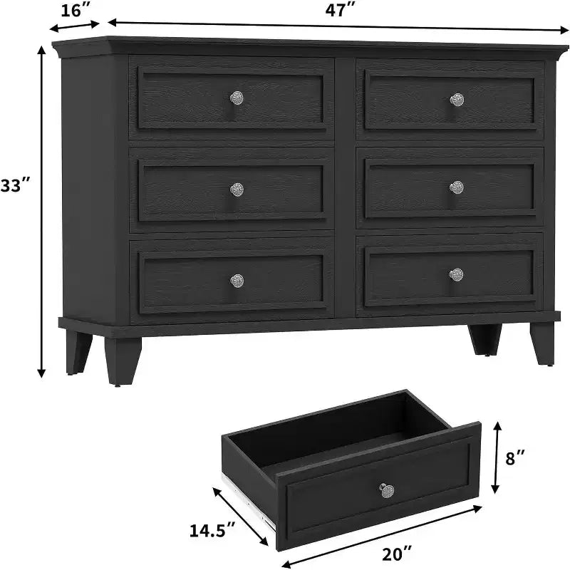 Mobile contenitore bianco stile rustico con 6 cassetti, cassettiera porta TV con maniglie vintage, in legno massello per camera da letto, soggiorno, corridoio