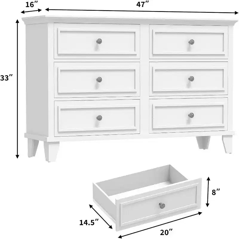 Mobile contenitore bianco stile rustico con 6 cassetti, cassettiera porta TV con maniglie vintage, in legno massello per camera da letto, soggiorno, corridoio