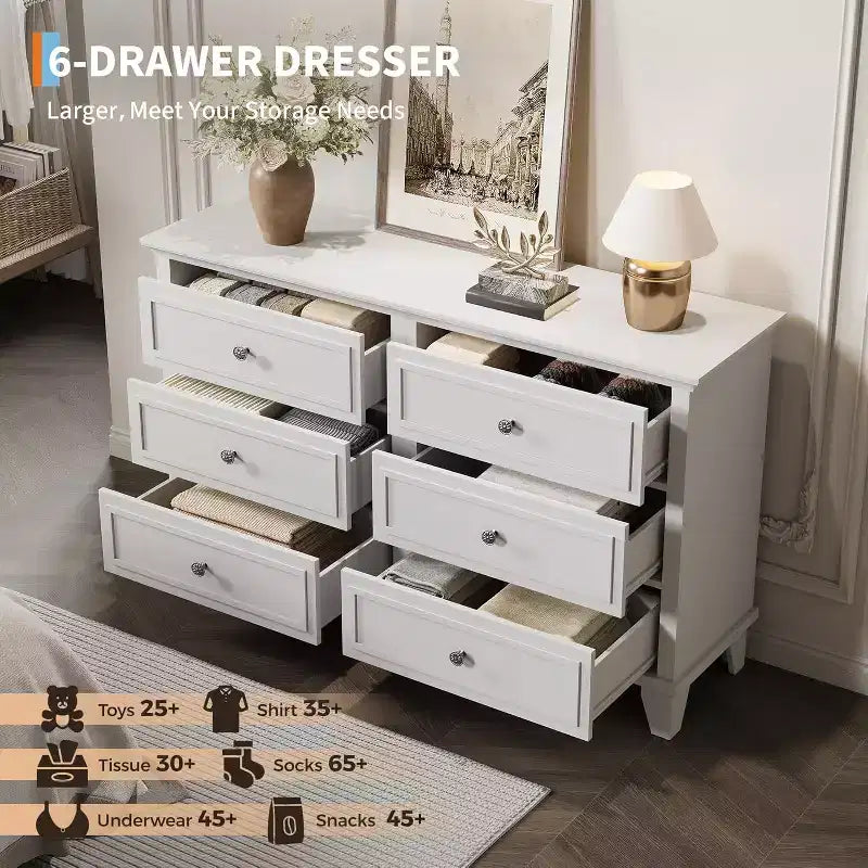 Mobile contenitore bianco stile rustico con 6 cassetti, cassettiera porta TV con maniglie vintage, in legno massello per camera da letto, soggiorno, corridoio