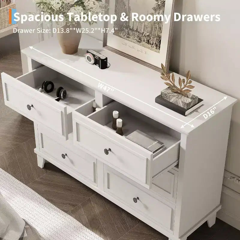 Mobile contenitore bianco stile rustico con 6 cassetti, cassettiera porta TV con maniglie vintage, in legno massello per camera da letto, soggiorno, corridoio