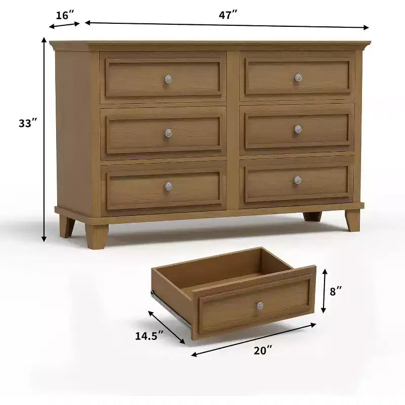Mobile contenitore bianco stile rustico con 6 cassetti, cassettiera porta TV con maniglie vintage, in legno massello per camera da letto, soggiorno, corridoio