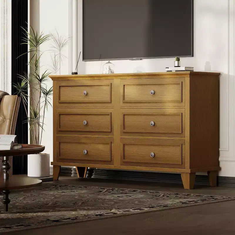 Mobile contenitore bianco stile rustico con 6 cassetti, cassettiera porta TV con maniglie vintage, in legno massello per camera da letto, soggiorno, corridoio