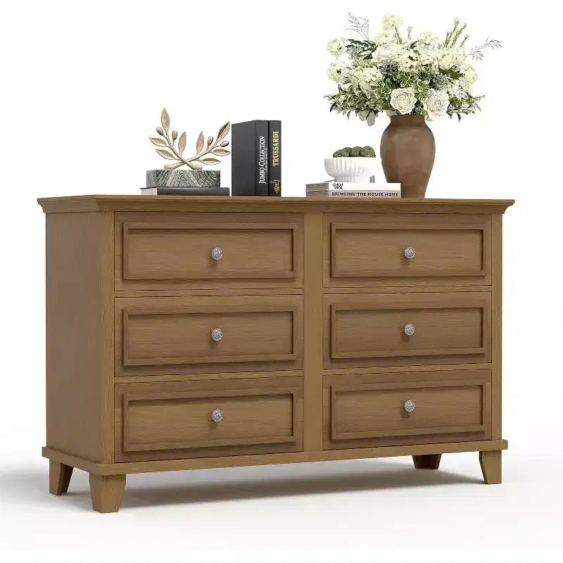 Meuble de rangement blanc style ferme avec 6 tiroirs, commode meuble TV avec poignées vintage, bois large pour chambre, salon, couloir