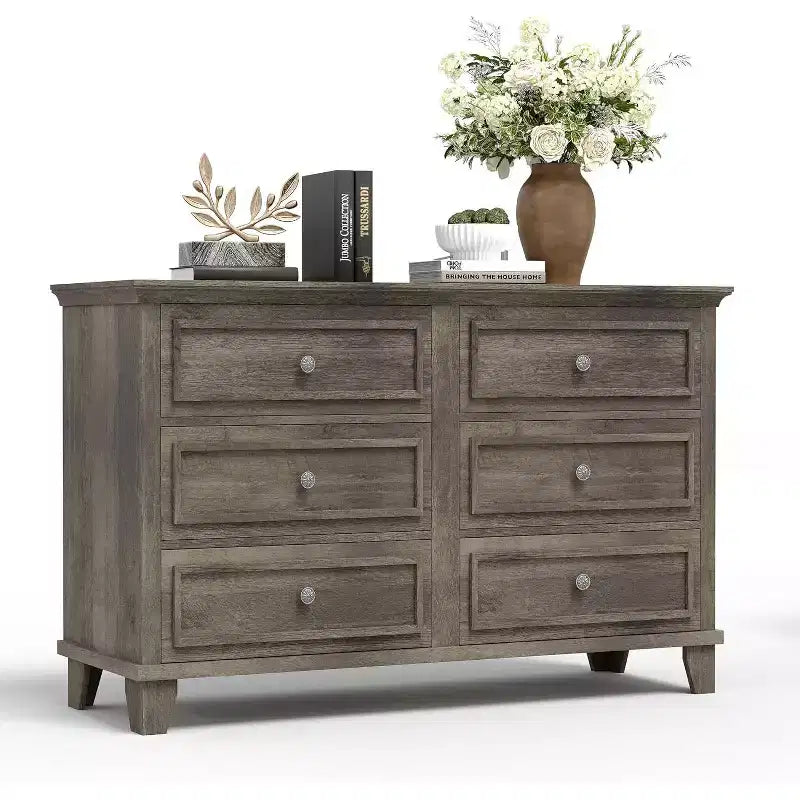 Meuble de rangement blanc style ferme avec 6 tiroirs, commode meuble TV avec poignées vintage, bois large pour chambre, salon, couloir