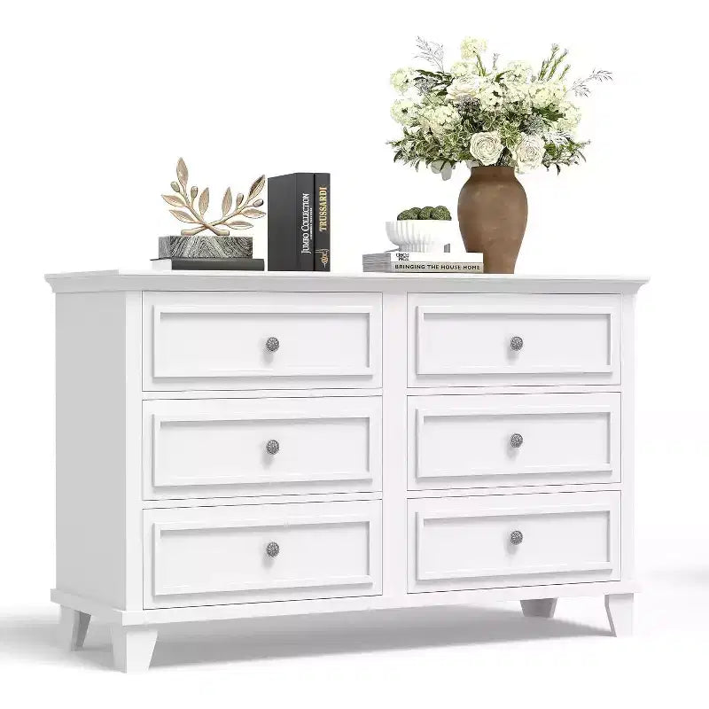 Meuble de rangement blanc style ferme avec 6 tiroirs, commode meuble TV avec poignées vintage, bois large pour chambre, salon, couloir