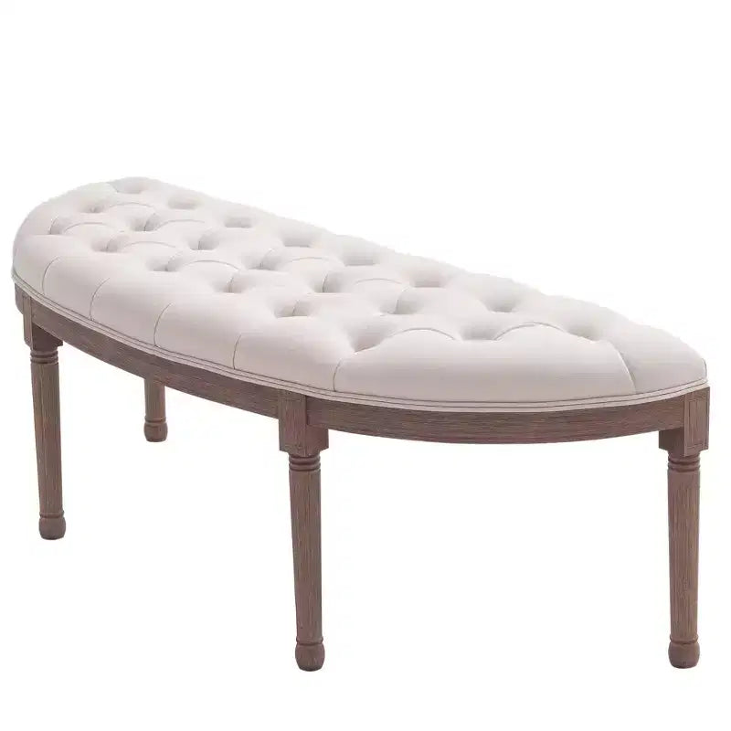 Semi-Circle End of Bed Bench with Tufted Design, Upholstered Bedroom Entryway Bench with Rubberwood Legs