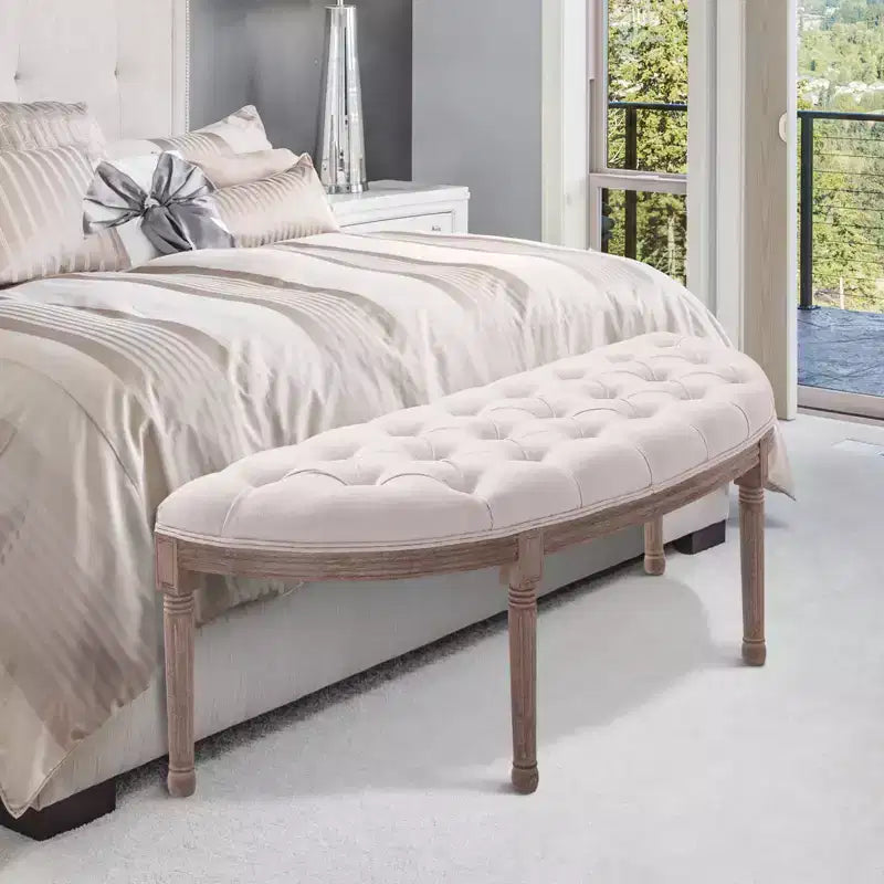 Panchina semicircolare da fondo letto con design trapuntato, panca imbottita per ingresso camera da letto con gambe in legno di gomma