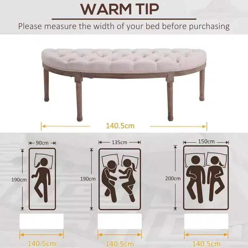 Panchina semicircolare da fondo letto con design trapuntato, panca imbottita per ingresso camera da letto con gambe in legno di gomma