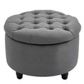 Round Linen-touch Fabric Storage Footstool Ottoman Button Tufted Footrest with Removable Lid
