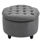 Round Linen-touch Fabric Storage Footstool Ottoman Button Tufted Footrest with Removable Lid