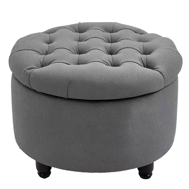 Round Linen-touch Fabric Storage Footstool Ottoman Button Tufted Footrest with Removable Lid
