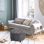 Pouf Contenitore Rotondo in Tessuto Effetto Lino con Bottone Trapuntato e Coperchio Rimovibile