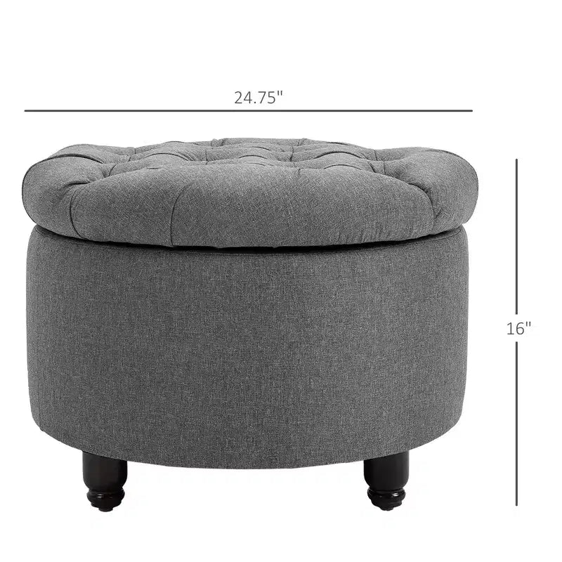 Pouf Contenitore Rotondo in Tessuto Effetto Lino con Bottone Trapuntato e Coperchio Rimovibile