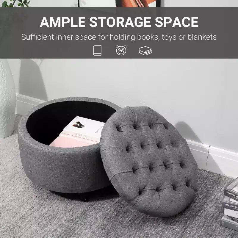 Pouf Contenitore Rotondo in Tessuto Effetto Lino con Bottone Trapuntato e Coperchio Rimovibile
