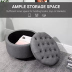 Pouf Contenitore Rotondo in Tessuto Effetto Lino con Bottone Trapuntato e Coperchio Rimovibile