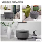 Pouf Contenitore Rotondo in Tessuto Effetto Lino con Bottone Trapuntato e Coperchio Rimovibile