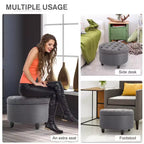 Pouf Contenitore Rotondo in Tessuto Effetto Lino con Bottone Trapuntato e Coperchio Rimovibile