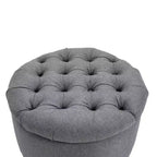 Pouf Contenitore Rotondo in Tessuto Effetto Lino con Bottone Trapuntato e Coperchio Rimovibile