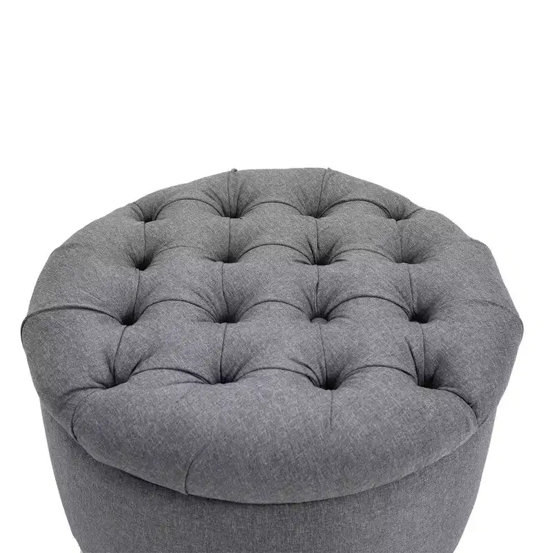 Pouf Contenitore Rotondo in Tessuto Effetto Lino con Bottone Trapuntato e Coperchio Rimovibile