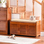Banc à Chaussures avec Meubles de Rangement, Banc d'entrée en Bambou avec Coussin d'assise, 3 Portes et Compartiment Caché pour Couloir Cerise