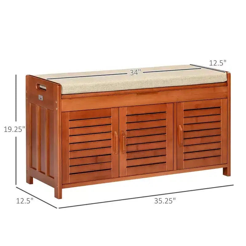 Banc à Chaussures avec Meubles de Rangement, Banc d'entrée en Bambou avec Coussin d'assise, 3 Portes et Compartiment Caché pour Couloir Cerise