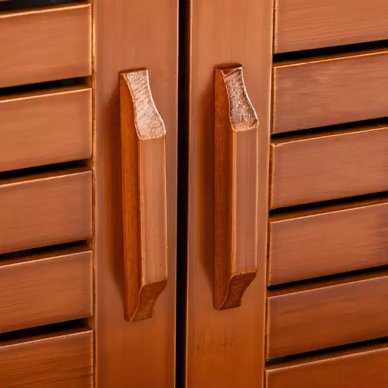 Banc à Chaussures avec Meubles de Rangement, Banc d'entrée en Bambou avec Coussin d'assise, 3 Portes et Compartiment Caché pour Couloir Cerise
