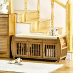Banc à Chaussures avec Meubles de Rangement, Banc d'entrée en Bambou avec Coussin d'assise, 3 Portes et Compartiment Caché pour Couloir Cerise