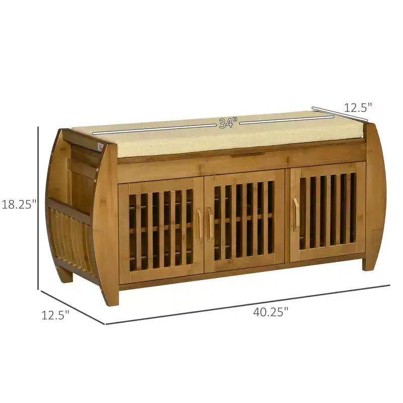 Banc à Chaussures avec Meubles de Rangement, Banc d'entrée en Bambou avec Coussin d'assise, 3 Portes et Compartiment Caché pour Couloir Cerise
