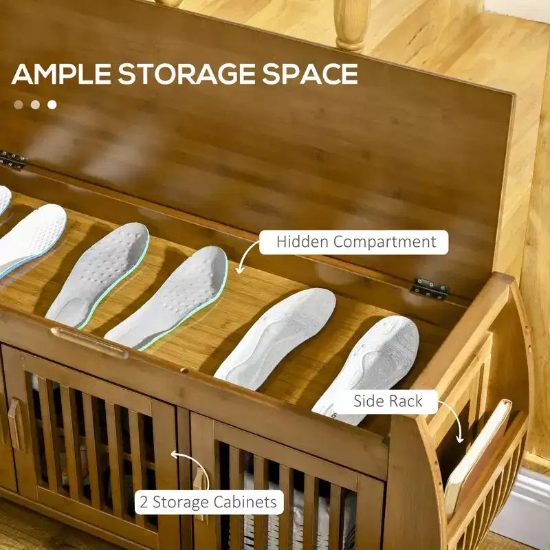 Banc à Chaussures avec Meubles de Rangement, Banc d'entrée en Bambou avec Coussin d'assise, 3 Portes et Compartiment Caché pour Couloir Cerise