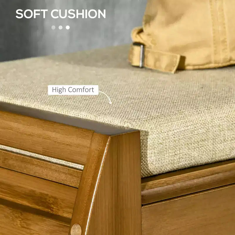 Banc à Chaussures avec Meubles de Rangement, Banc d'entrée en Bambou avec Coussin d'assise, 3 Portes et Compartiment Caché pour Couloir Cerise